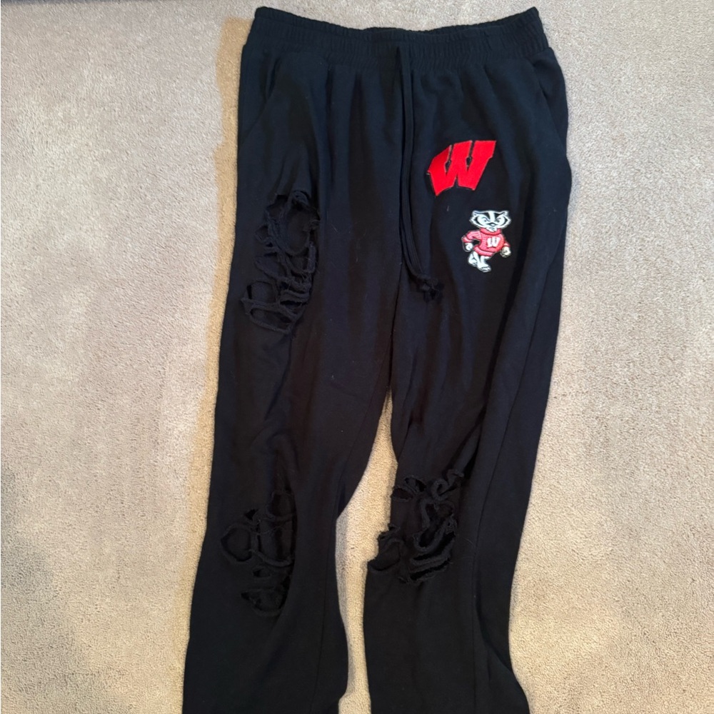 Black Distressed Joggers with Wisconsin Patches
